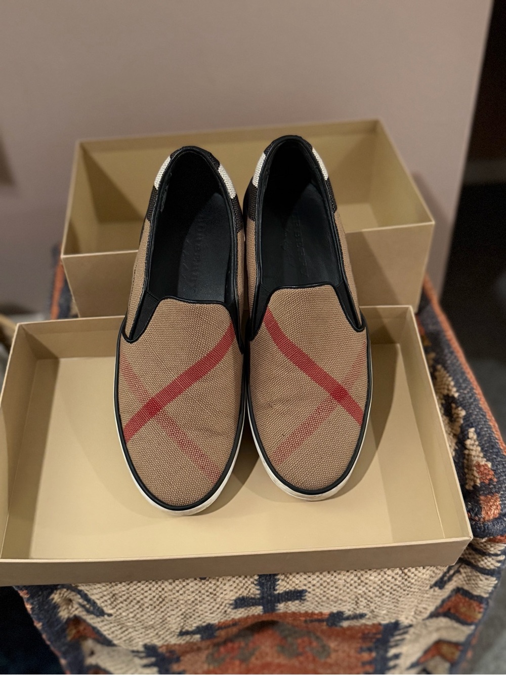 Burberry Tan Slip-On Loafers with Red Check Accent